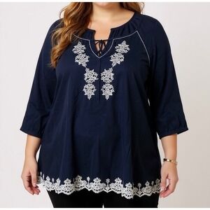 Hannah Womens Plus 1X Navy Blue Cotton Embroidered Peasant Tunic Top Boho Blouse